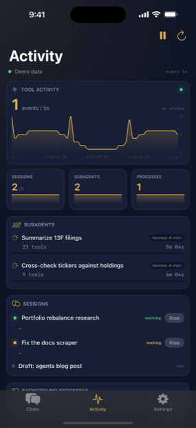Activity cockpit on iPhone showing tool activity, sessions, subagents and processes.