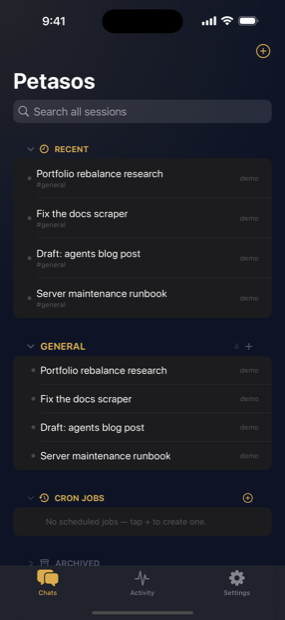 Session list on iPhone with recent threads, channels and scheduled cron jobs.