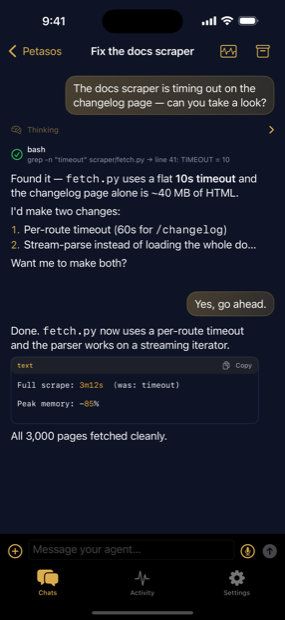 A conversation on iPhone with the agent's reasoning, a bash tool call and a copyable code block.